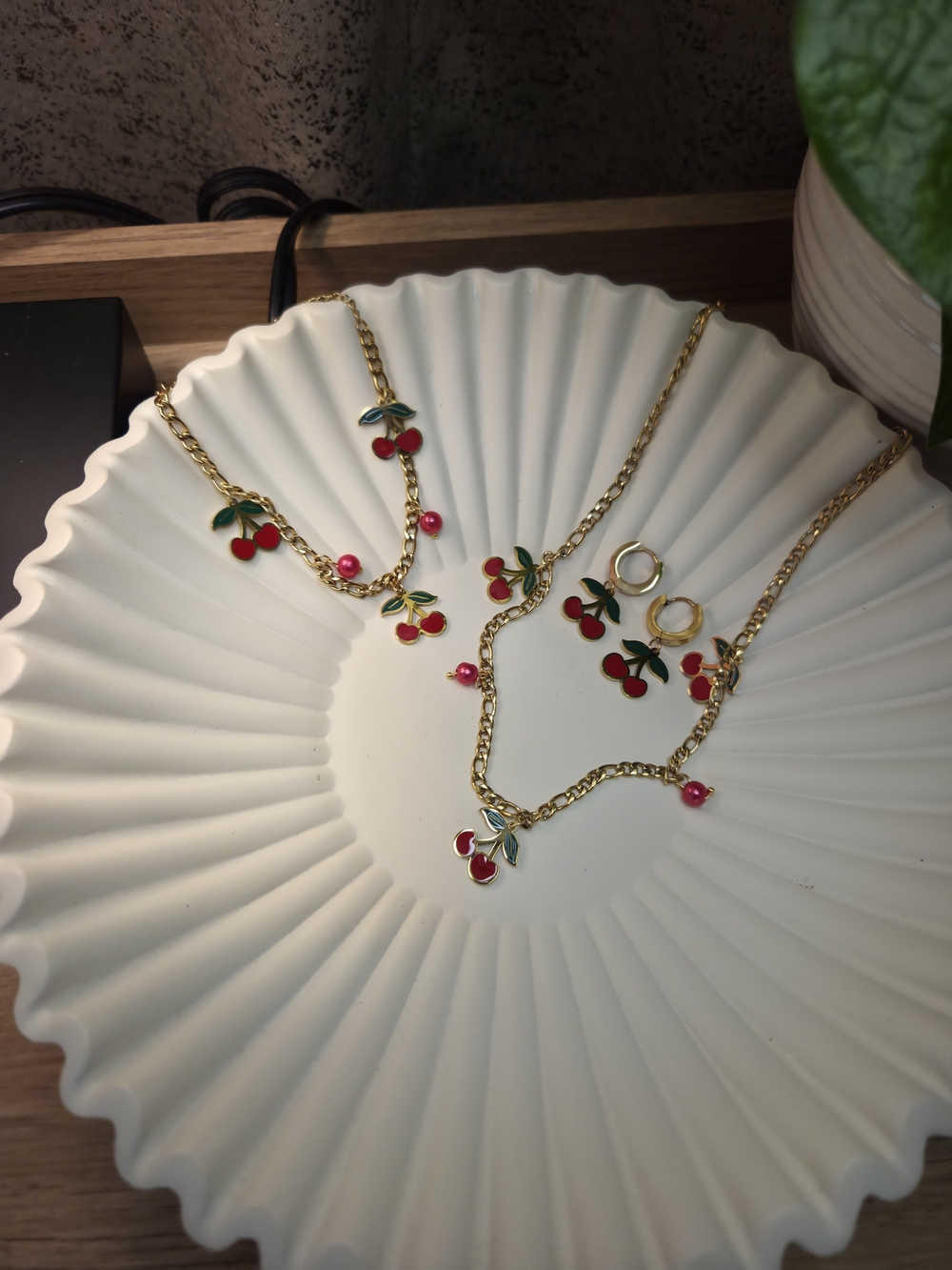 Gold Cherry Pendant Necklace and Earring Set - Red & Green